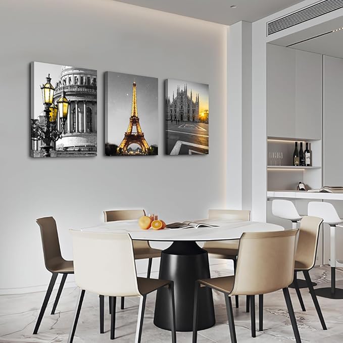 Black and white Architectural landscape Canvas Wall Art for Living Room kitchen Wall Artworks Bedroom Decoration, 3 Piece framed bathroom Home Wall decor posters Yellow Eiffel Tower wall painting