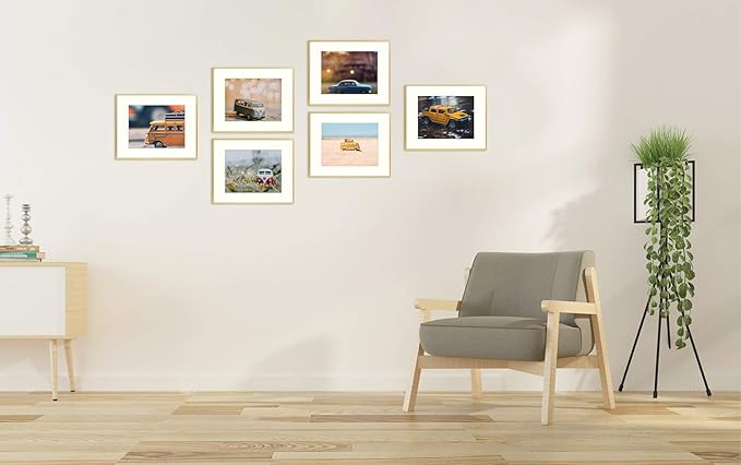 Golden State Art, Gallery Wall Frame Set of 6 - Gold 12x16 Aluminum Photo Frames with Mat for 8.5x11 Pictures - 12 x 16 inch Metal Frame with Real Glass Cover - Elegant Home or Office Decor
