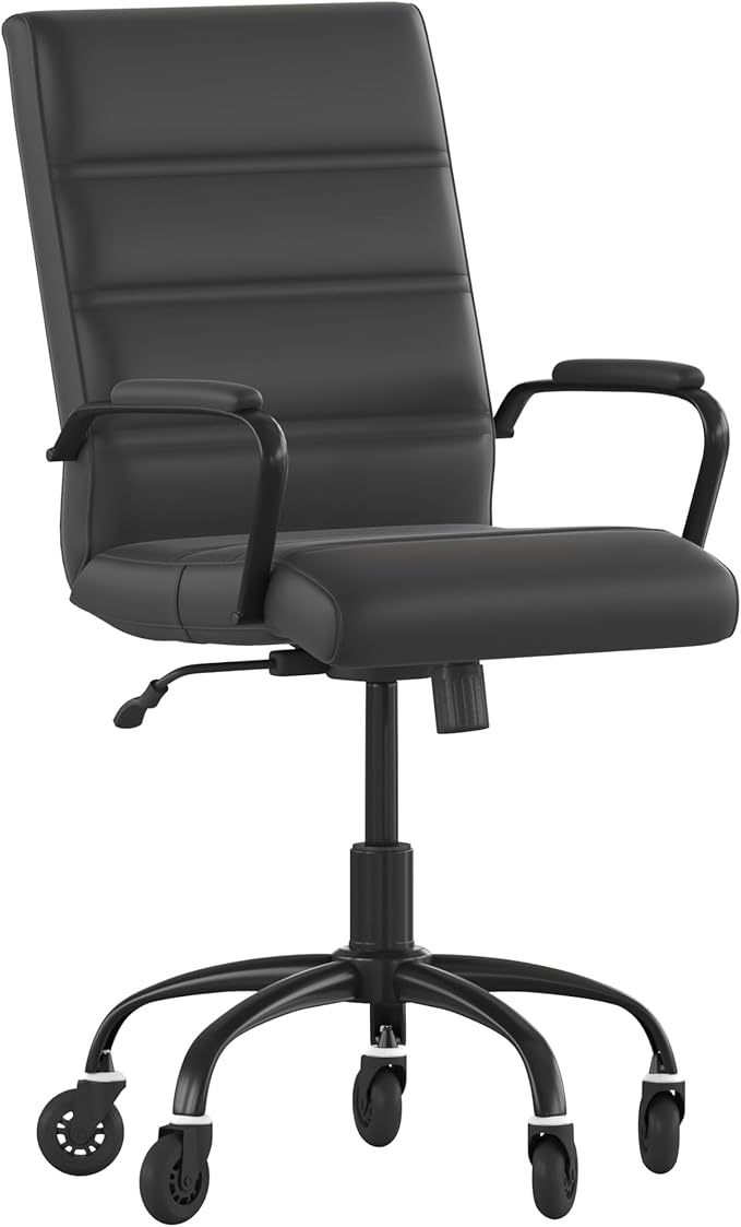 Flash Furniture Camilia Mid-Back Black LeatherSoft Executive Swivel Office Chair with Black Frame, Arms, and Transparent Roller Wheels