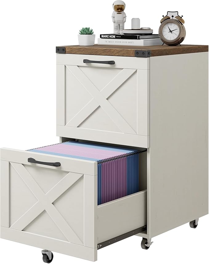 Vabches Farmhouse File Cabinet with 2 Drawers, Vertical Filing Cabinet on Wheels for Letter/A4 Size Hanging Files, Mobile File Cabinets Printer Stand for Home Office, Rustic White