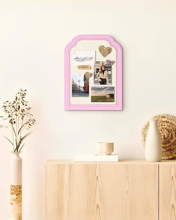 Bulletin Board with Linen, 13x17 inches Pin Board with Pink Frame, Decorative Hanging Bulletin Board Vision Board Message Board Colletion Board for Office School Home Decor