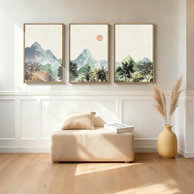 ANHUIB Mountain Wall Art 16x24 Inch Watercolor Landscape Wall Decor Sun Forest Painting Minimalist Pine Tree Artprint Nature Illustration Set of 3 for Living Room Dining Room Office
