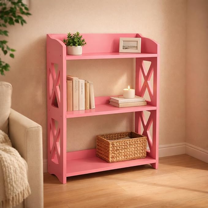 Narrow Bookcase by Natural Wood, 3 Tier Bookshelf, Small Book Shelves Freestanding Display Storage Shelves. Open Bookshelf for Bedroom, Living Room and Office (Pink, 3 Tier)