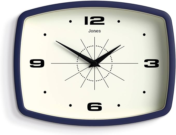 JONES CLOCKS® Movie Wall Clock | Rectangular Retro Clock | 25cm | Blue | Cool mid-Century Designer Look for Kitchen, Living Room or Office