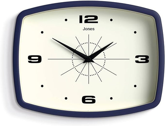 JONES CLOCKS® Movie Wall Clock | Rectangular Retro Clock | 25cm | Blue | Cool mid-Century Designer Look for Kitchen, Living Room or Office