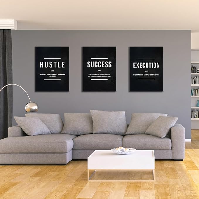Unbruvo Hustle Success Execution Wall Art for Office, Inspirational Motivational Wall Decor, 3 Pieces Positive Quotes Canvas Wall Art for Entrepreneur Living Room Bedroom(48''Wx 24''H)