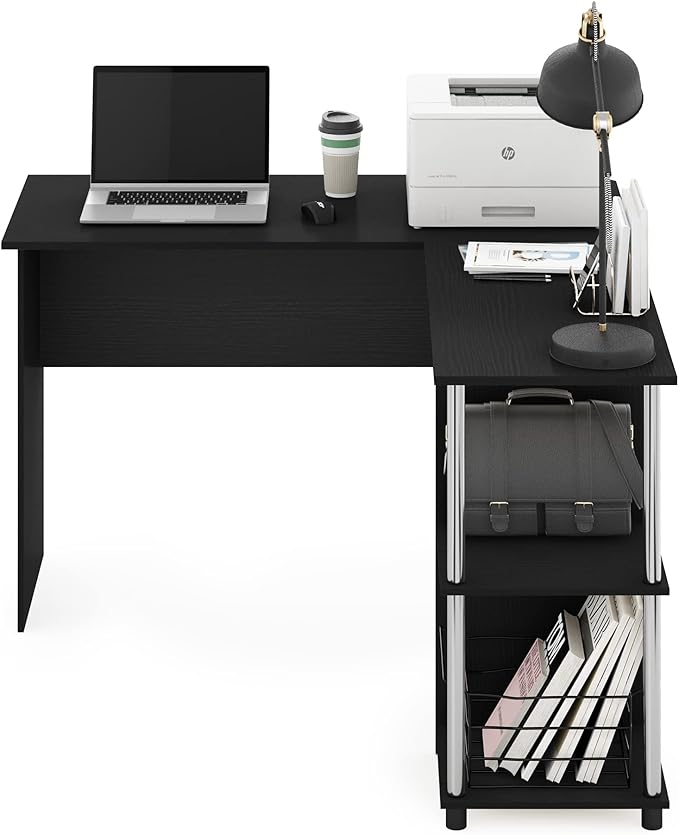 Furinno Abbott L-Shape Computer Desk with Stainless Steel Tubes Bookshelf, Americano/Chrome