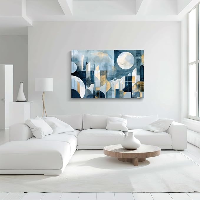 gaosoul Modern Abstract Canvas Wall Art Blue Artistic Cityscape Geometry Paintings Framed Minimalism Stylish Artwork Prints for Living Room Bedroom Office Decor 48x32in