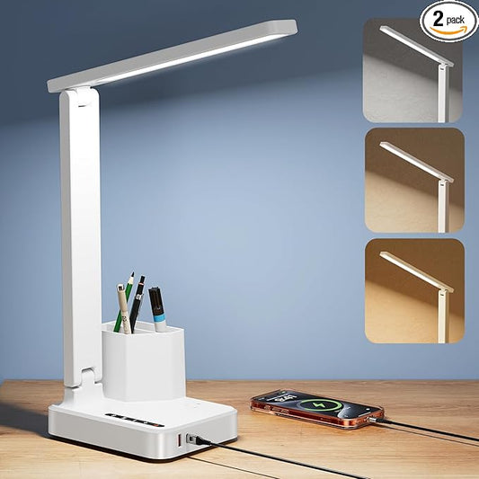 COZOO LED Desk Lamp with 2 USB Charging Ports,Type C Port,1 AC Outlet,2 Pen Holders,3 Color Temperature 3 Brightness Level,Touch/Memory/Timer,10W Eye Protection Foldable Reading Light,Study Lamp-White