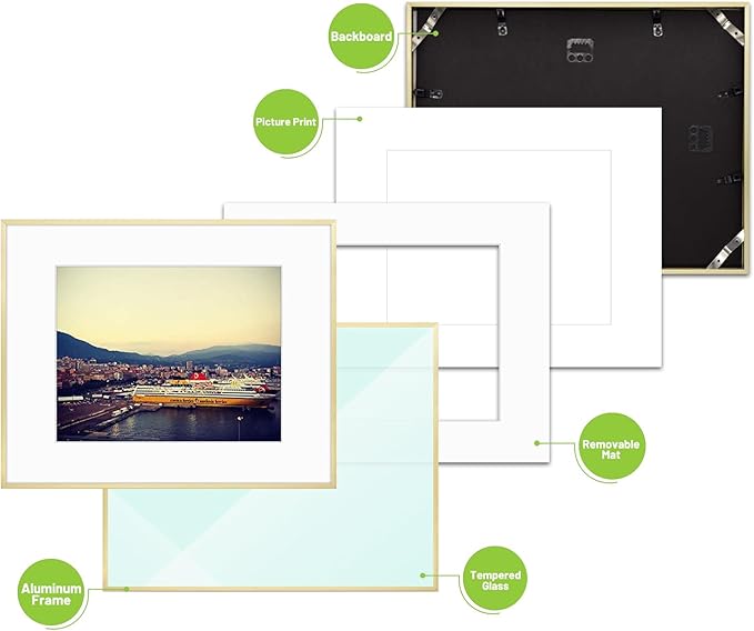 Golden State Art, Gallery Wall Frame Set of 6 - Gold 11x14 Aluminum Photo Frames with Mat for 8x10 Pictures - 11 x 14 inch Metal Frame with Real Glass Cover - Elegant Home or Office Decor