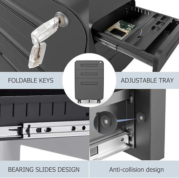 Modern Round Corner 3 Drawer Mobile Steel File Cabinet with Lock, Black, 19.69"L x 15.75"W x 23.62"H, Home Office