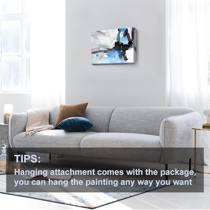 Large Abstract Canvas Wall Art Modern Aquarelle Art Paintings Black and Blue Fantasy Colorful Graffiti on White Background Minimalist Artwork Decor for Living Room Bedroom Corridor Framed 24x16in
