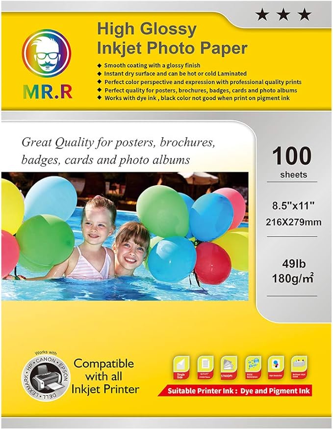 MR.R Single Side High Glossy Inkjet Photo Paper,180gsm 49lb,8.5''x11" with 100 sheets per pack