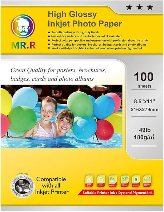MR.R Single Side High Glossy Inkjet Photo Paper,180gsm 49lb,8.5''x11" with 100 sheets per pack
