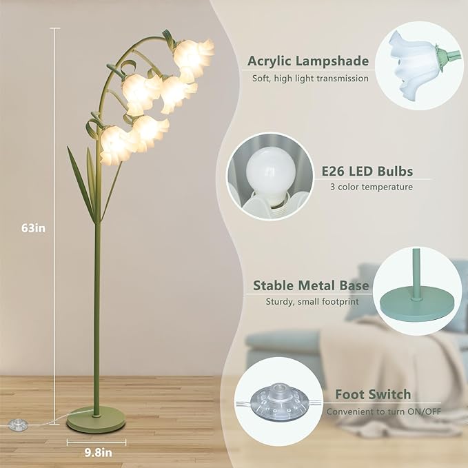 Flower Floor Lamp for Living Room, Arc Floor Lamp with 5 E26 LED Bulbs, Cute Green Floral Standing Lamp with 3 Color Modes, Foot Switch, Tall Modern Lamp for Kids Girls Bedrooms