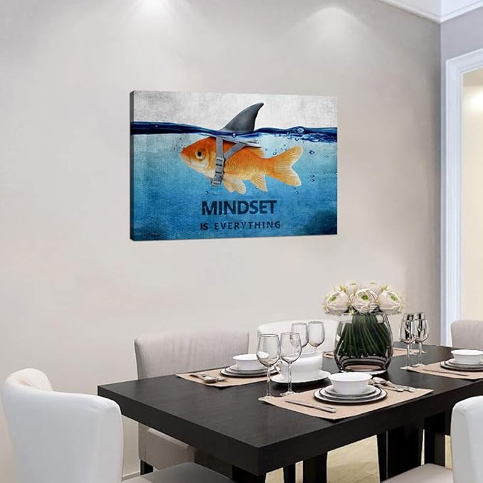 Modern Inspirational Canvas Wall Art Mindset Is Everything Goldfish Painting Artwork Motivational Quotes Office Wall Decor Entrepreneur Posters Ready to Hang for Home Decor - 12''Hx16''W