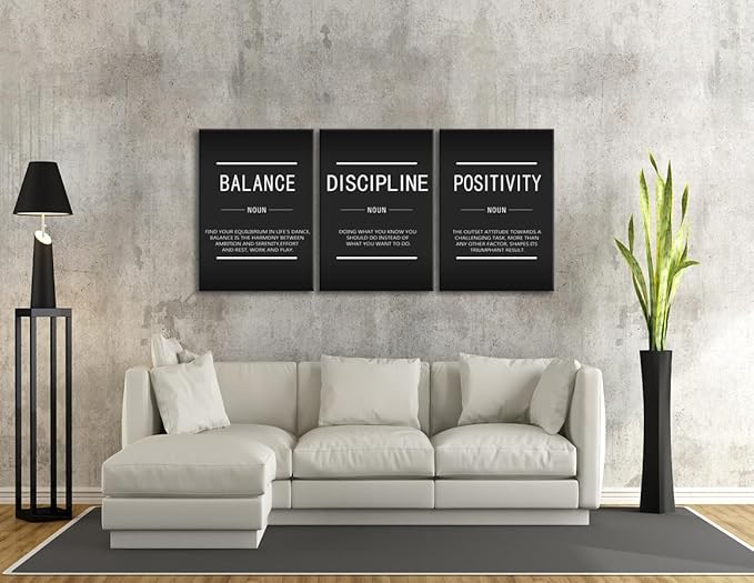 Inspirational Canvas Wall Art 3 Pieces Balance Positivity Poster Motivational Picture Discipline Noun Canvas Print Artwork Framed for Home Living Room Gym Office Wall Decor Ready to Hang[60''Wx 28''H]