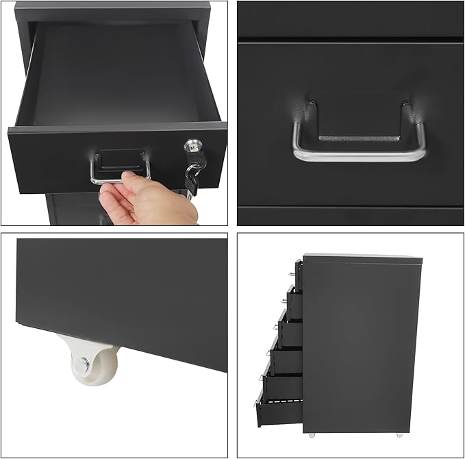 Vertical File Cabinets | 3 Drawer File Cabinet with Wheels| Steel Lockable Storage Cabinets | Metal S-torage Cabinet for Home Office | Storage A4/F4/Letter/Legal (Black-6 Drawers)
