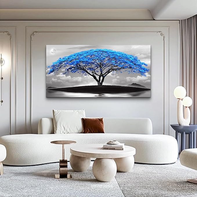 Wapluam Large Canvas Prints Wall Art For Living Room Bedroom Wall Decor Black And White Pictures Blue Tree Landscape Painting To Hang Modern Home Decorations For Office Stretched And Framed Works