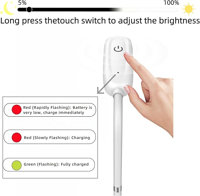 Cordless Portable Floor Lamp, Adjustable Gooseneck with Touch Switch, 3 Color Modes, Lightweight & Rechargeable for Living Room, Bedroom, Office, Reading, Camping, RV, Piano, Indoor Outdoor-White