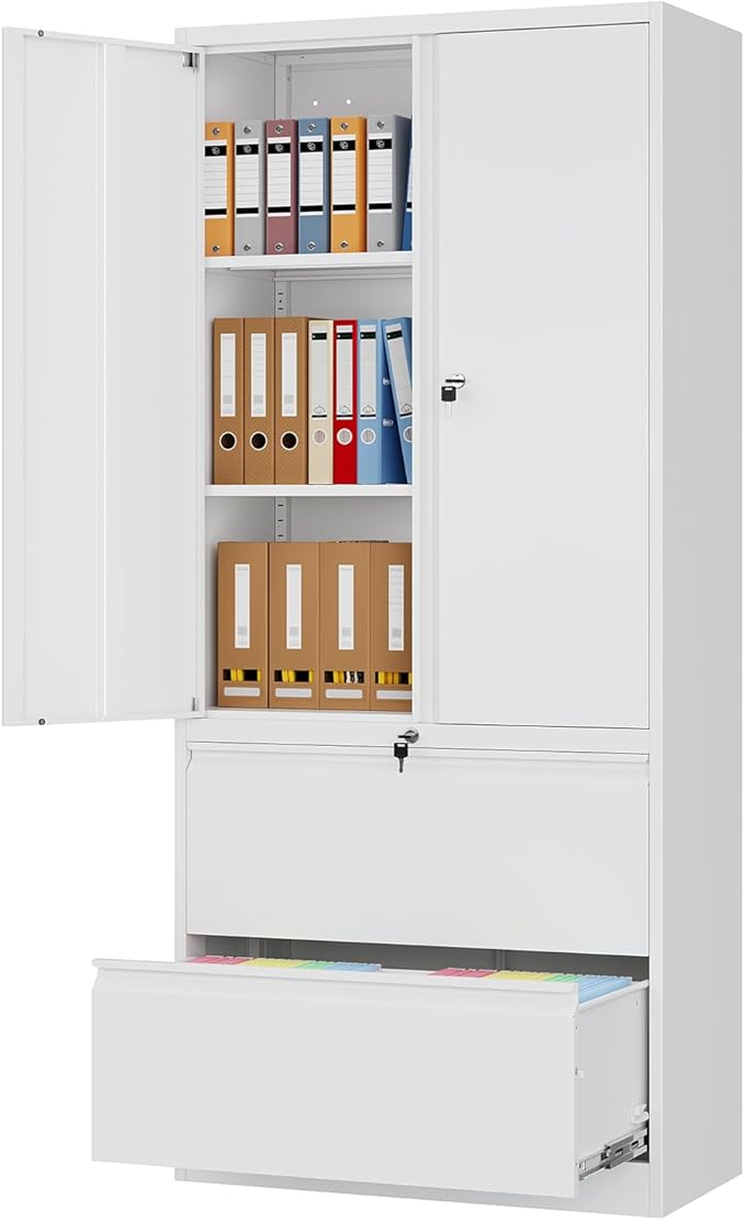 2 Drawer Lateral File Cabinet, Office Storage Cabinet with 2 Wide&Deep Drawers and Locking Doors, White Metal Cabinet with Adjustable Shelves for Home Office, Fits A4/Letter/Legal Size Folders