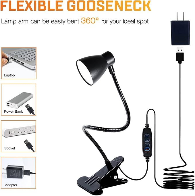 2 Pack Clip Desk Lamp, Ultra-Flexible Gooseneck Clip Reading Lights, 3000K-6500K Adjustable Color Temperature & Brightness, 6W Eye-Care LED for Office, Study, Bedside(USB Adapter Included)