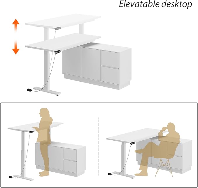 Homsee Electric Height Adjustable Standing Desk, L-Shaped Computer Desk with 2 Drawers & 2 Doors for Office, Workstation Table with Storage Cabinet for Writing Study Work Executive, White