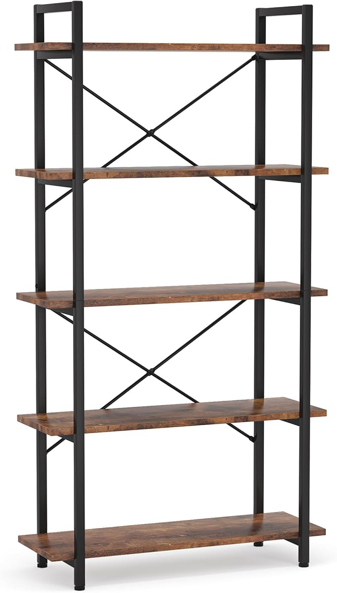Tribesigns 5 Tier Bookshelf, Industrial Etagere Bookcase with Heavy-Duty Metal Frame, Rustic Tall Book Shelf Unit for Living Room, Study, Home Office (1, Rustic)