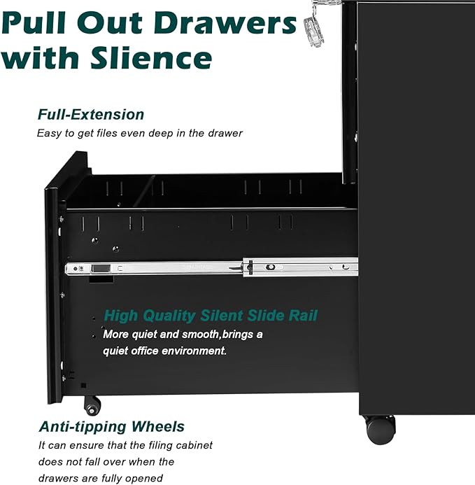 2 Drawer Mobile File Cabinet with Lock,Rolling File Cabinet, Under Desk Mobile Filing Cabinet,File Cabinets for Home Office,Storage 2 Drawer Mobil Filing Cabinet for A4/Legal/Letter,Balck
