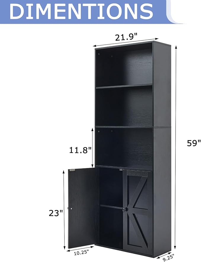 Bookshelves and Bookcases with Barn Doors Set of 2, Farmhouse Bookshelf with Display Shelves, Floor Standing 5-Tier Book Shelf with Storage Cabinet for Home Office, Living Room, Bedroom