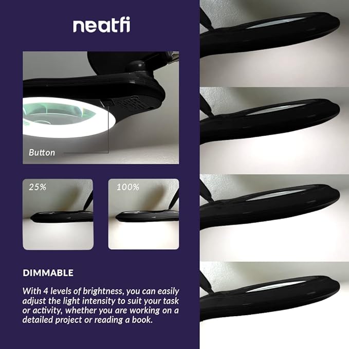 Neatfi LED Magnifying Lamp 1,200 Lumens with Clamp – 5” 5-Diopter Glass Lens, Dimmable Task Light | Adjustable Arm | Reading, Sewing & Crafting (Black, 5 Diopter)