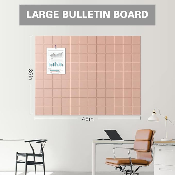 Large Cork Board, 12 Pack Felt Wall Tiles with Safe Removable Adhesive, Bulletin Board for Office, Pin Tack Corkboard for Quilting Design & Dart Wall Protector 48" x 36" - Pink Ivory