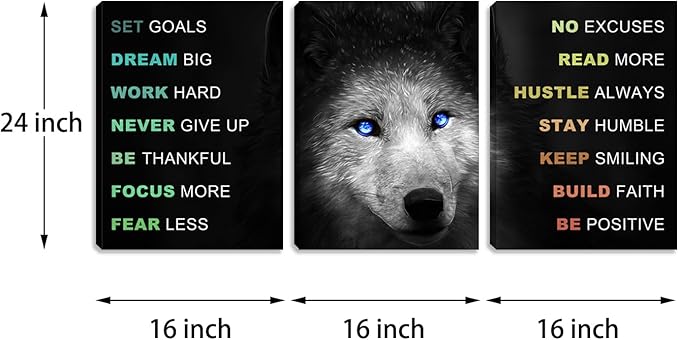 Motivational Office Wall Art: Black Wolf Wall Art 3 Piece Inspirational Sayings Print Pictures Canvas Art for Women Men Framed Poster Artwork (48"Wx24"H)