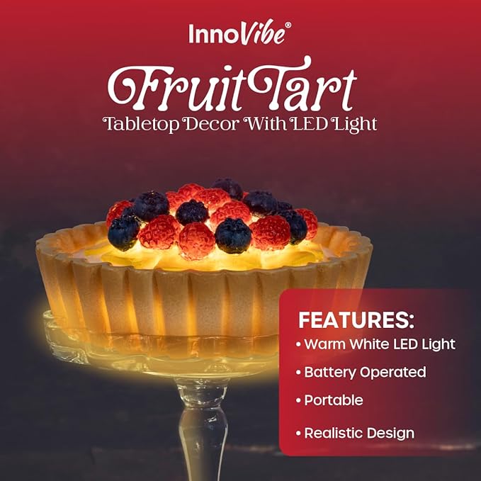 Fruits Tart Desk Light, Cute Resin College Lamp for Dorm Room or Kids Bedroom, Warm White LED Light, Battery Operated Decor for Girls & Home Office