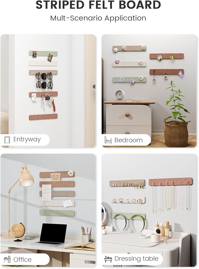 Fluxynara Cork Board Alternative Felt Strip Board 5-Pack 13"x2", Office Pin Board with 35 Push Pins, Adhesive Install for Bedroom Door & Home Office(Boho)
