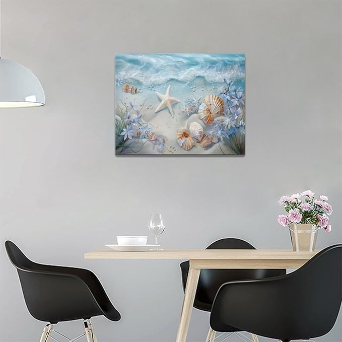 Beach Seashell Bathroom Wall Art Coastal Floral Pictures Wall Decor Flower Starfish Canvas Painting Modern Decoration Artwork for Bathroom Living Room Bedroom Office Framed 16"x12"