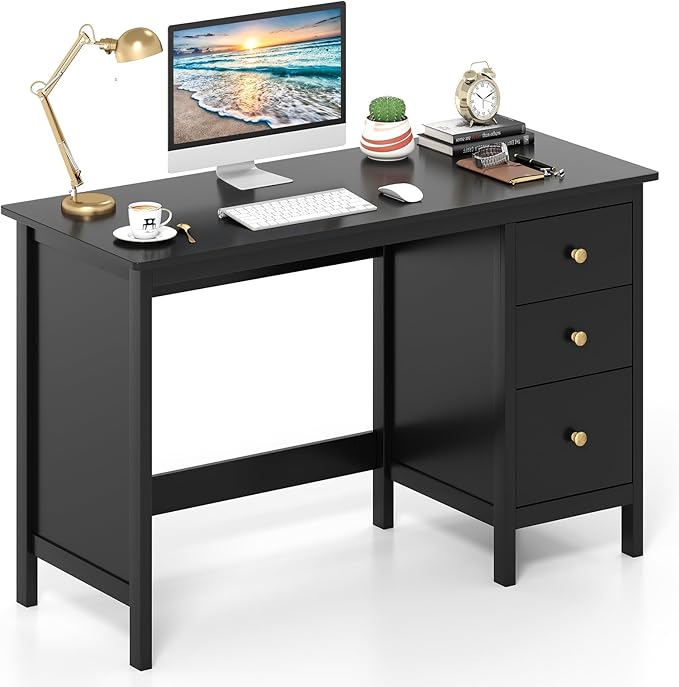 GOFLAME Computer Desk w/ 3 Drawers, 48" Wide Writing Desk with Storage, Laptop Study Desk w/Anti-tip Kit, Modern Home Office Desk, Wooden Workstation, Vanity Table for Study, Office,Black