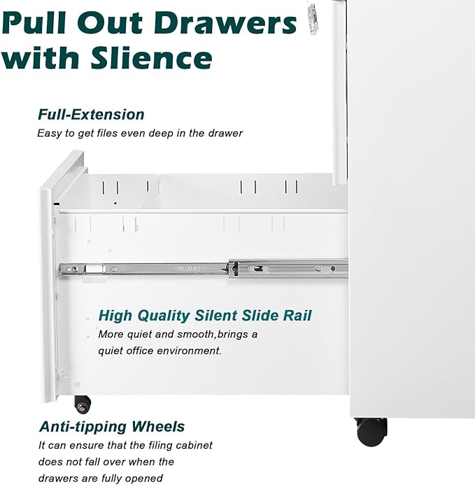 2 Drawer Mobile File Cabinet with Lock and Wheel, Anti-tilt Design Metal Vertical Filing Cabinet, Rolling Desk Filing Cabinet fits Letter/Legal Size for Home Office (White)