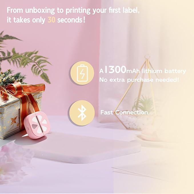 ciciglow D20 Pink Mini Sticker Printer, Label Maker Machine with 3 Rolls Colored Thermal Paper (Battery Included), Portable Inkless Sticker Maker, APP, for DIY Crafts, Journaling, Office Home Use