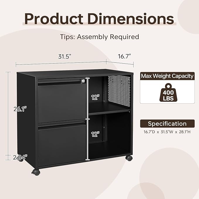 2 Drawer File Cabinet for Home Office, Rolling File Cabinets with Lock, Under Desk Metal Filing Caninet with Wheels for A4 / F4 / Letter/File Box, Black-Assembly Required