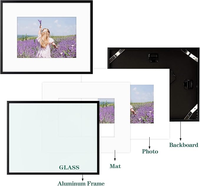 Golden State Art, Gallery Wall Frame Set of 6 - Black 8x10 Aluminum Photo Frames with Mat for 5x7 Pictures - 8 x 10 inch Metal Frame with Real Glass Cover - Elegant Home or Office Decor