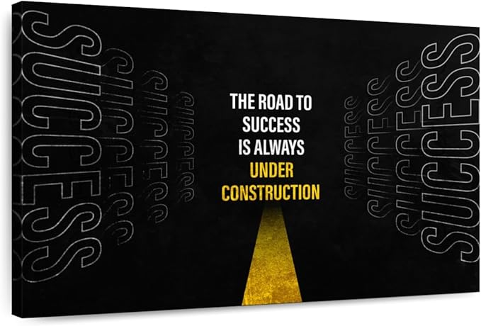 ElephantStock - Work On Your Road To Success Wall Art - Horizontal Canvas Wall Art - Home Office Wall Decor - Digital Art Inspirational And Typography Canvas Art - Black And White Decor - 12" x 8"