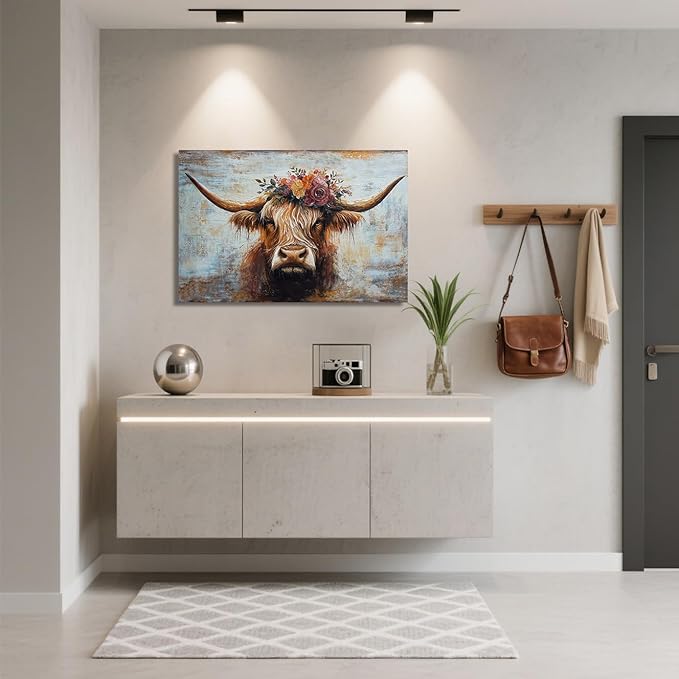 Canvas Wall Art Decor Modern Wall Art Picutures for Living Room Artwork for Wall Decor Vintage Wall Art Decor Highland Cow Wall Art Prints Artwork for Walls Home Bedroom Office Decorations 32" X 48"