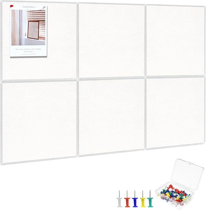 Large Cork Board 36" x 24", 6 Pack Felt Bulletin Board with 30 Pushpins, Cork Boards Alternative with Self-Adhesive Strips, Felt Wall Tiles Pin Board for Wall Office Home School Decor-White