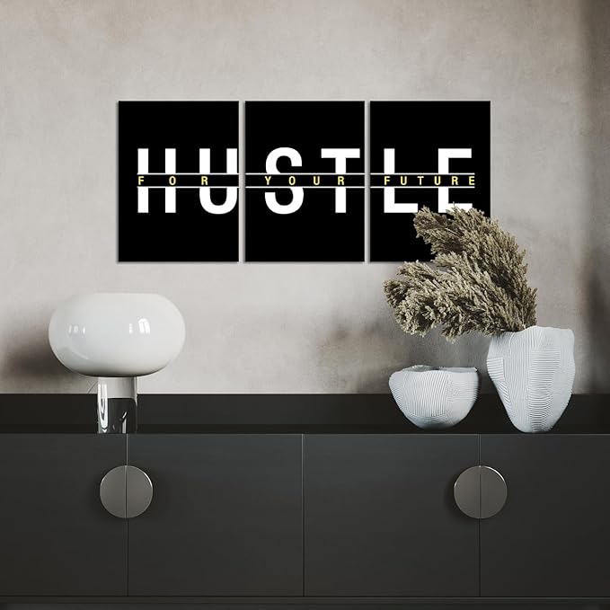 3 Piece Hustle Wall Art - Black Office Wall Decor Inspirational Quotes Poster Hustle For Your Future Painting Picture Inspiring Words Print Motivational Artwork for Home Study Room, Framed 12"x16"x3