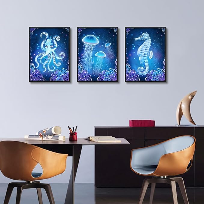 MHARTK66 Canvas Wall Art for Bedroom 3Pcs Beach Themed Wall Decor Living Room Under The Sea Pictures Artwork Animal Bathroom Wall Art Seahorse Poster Modern Nautical Painting Bedroom Home Decorations