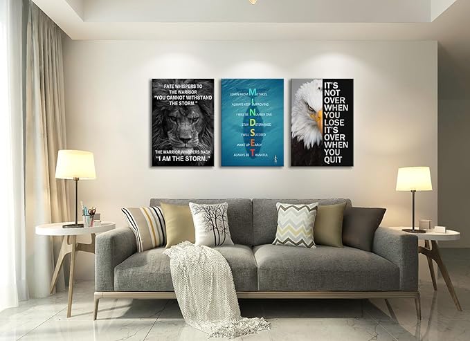 3 Pieces Eagle Lion Inspirational Canvas Wall Art Office Wall Decor Motivational Quotes Mindset Poster Print Inspiring Animal Picture Artwork for Living Room Bedroom Home Decor Framed[60''Wx 28''H]