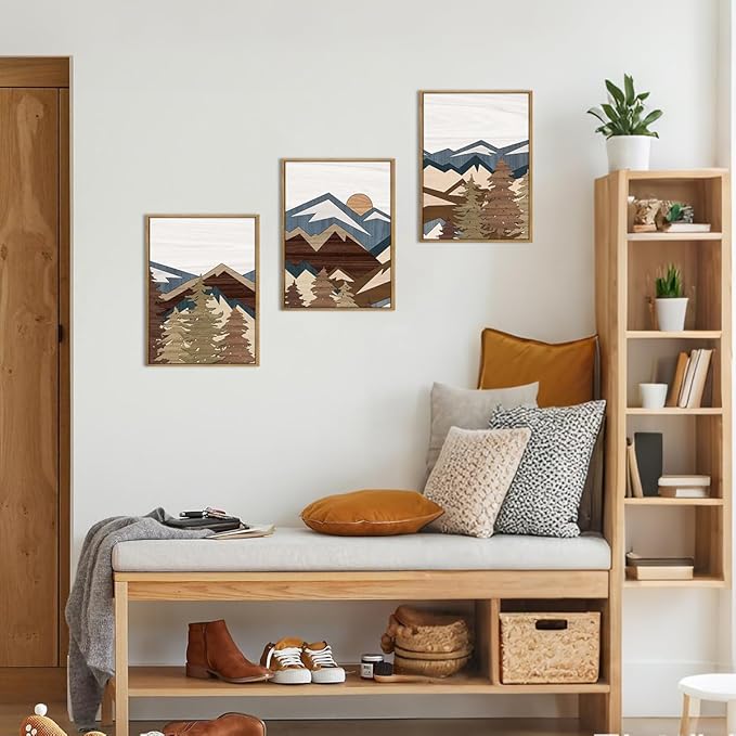 BINCUE Framed Boho Mountain Wall Art,Boho Landscape Canvas Wall Decor Beige,Large Mountain Artwork Woodcut,Abstract Sun Forest Nature Art Prints for Office Living Room Bedroom Home 12"Lx16"W Set of 3