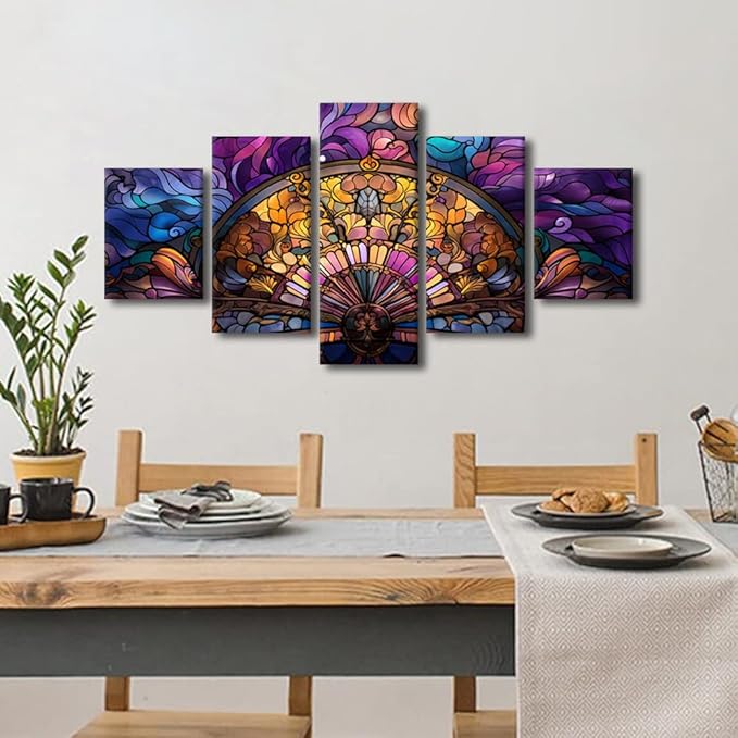 Color Canvas Wall Art Modern Abstract Canvas Wall Art Stained Glass Style Fan Poster Prints on Canvas 5 Panel Bedroom Decor for Living Room Decoraton Stretched and Framed Ready to Hang 60x32 in