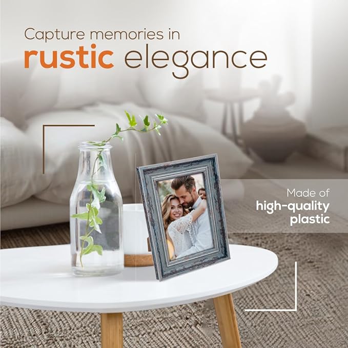 Weathered Picture Frame, Distressed Wooden Look for Wall or Tabletop Display, Lightweight Photo Frame with Glass Cover, 4" x 6", Gray